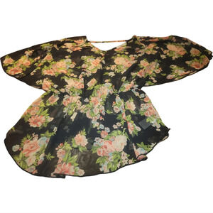 PAPAYA sheer floral black pink green flounce sleeves large top blouse shirt